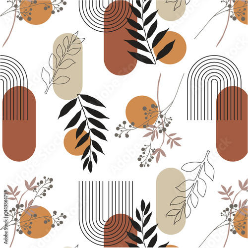 Decorative abstract leaves and geometric pattern boho style