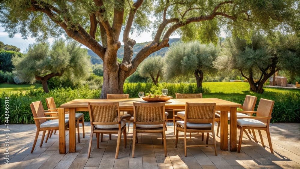 Fototapeta premium Outdoor dining area under olive trees with modern wooden furniture, outdoor dining