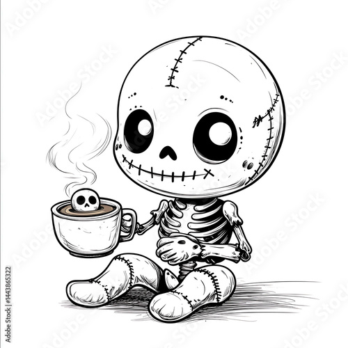 Isolated on white big bold line high contrast a chubby little gingerbread skeleton with cute yet eerie stitchedup details holding a steaming cup of hot cocoa with a tiny skullshaped photo