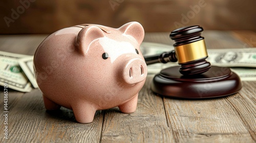 Piggybank, Gavel, and Money: Legal and Financial Matters