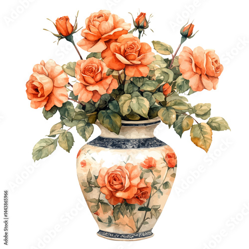 Large Decorative Urn With Roses, watercolor vector, isolated on a white background.