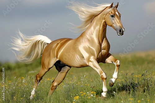 A galloping horse running freely on the grassland under the sunset