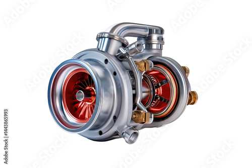 Detailed 3D Render Of A Red And Silver Turbocharger On Transparent Background