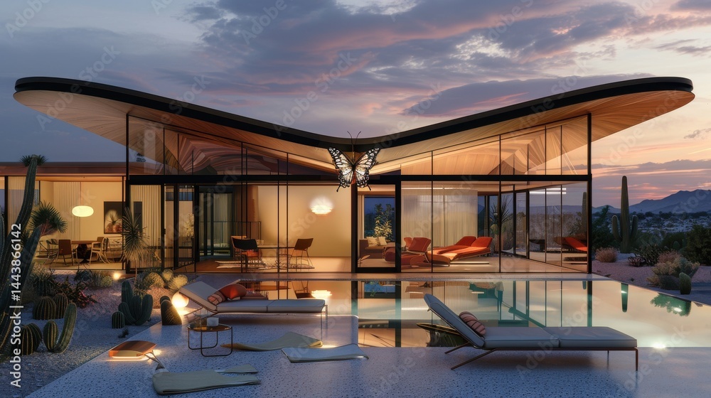 Obraz premium Sunset hues reflect on a poolside mid-century modern pavilion?s glass walls,butterfly roof,terrazzo floor and vintage loungers amid desert serenity.