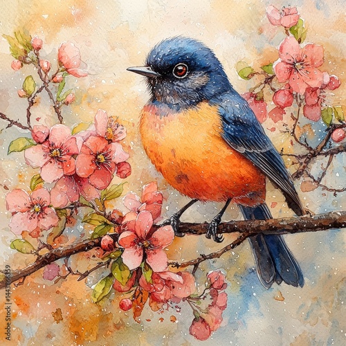 Vibrant Watercolor Painting of a Bird on a Blossom Branch