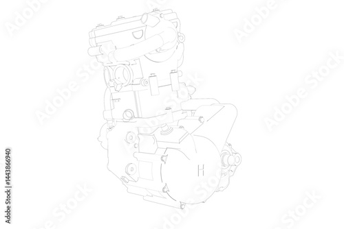 3d model WIREFRAME LINE ART ISOMETRIC ORTHOGONAL cartoon view monotone flat color high Performance 630cc Single Cylinder 4-Stroke Motorcycle Engine for Supermoto, Enduro, – Model SM TE Type 5842 