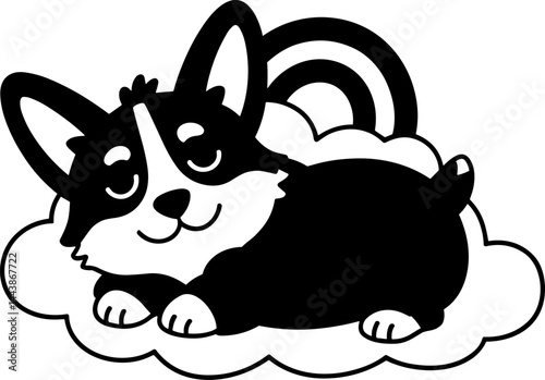 Sleeping Corgi on Cloud with Rainbow Silhouette