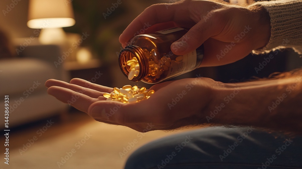 Man Pouring Capsules from Amber Bottle into Hand