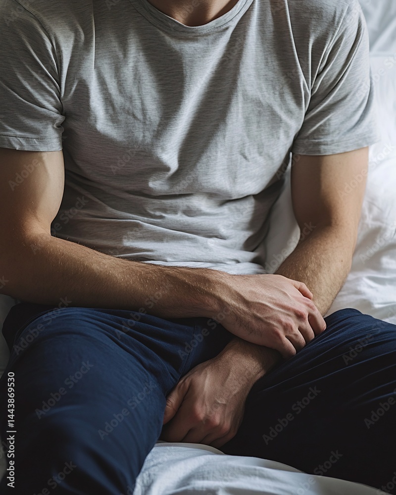 Man Seated in Light Gray T-Shirt and Dark Blue Pants