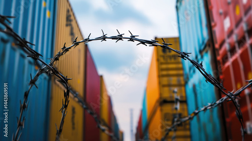 Close-up view of barbed wire fencing in front of colorful stacked shipping containers symbolizing restricted trade barriers border control logistics security and industrial constraint.