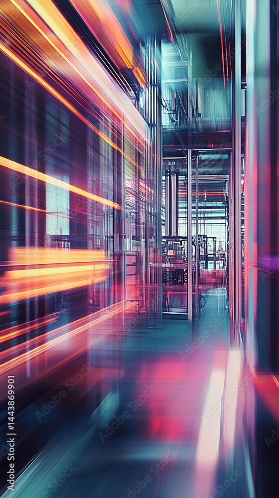 Motion Blurred Image of Industrial Interior with Metal Structures