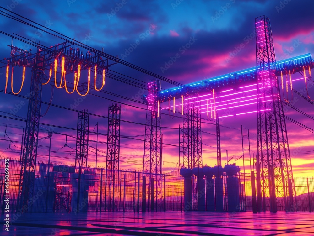 Neon-Illuminated Electrical Substation at Sunset