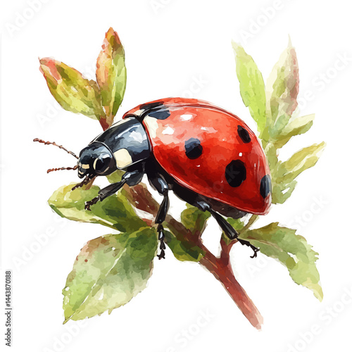 Ladybug Crawling On A Vine, vector watercolor illustration, isolated on a white background.