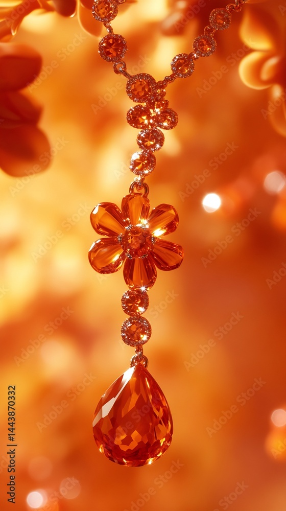 Orange Gemstone Necklace with Flower and Teardrop Pendant