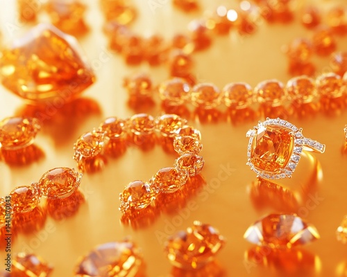 Obraz na płótnie Orange Gemstones and Gold Jewelry Arrangement w salonie