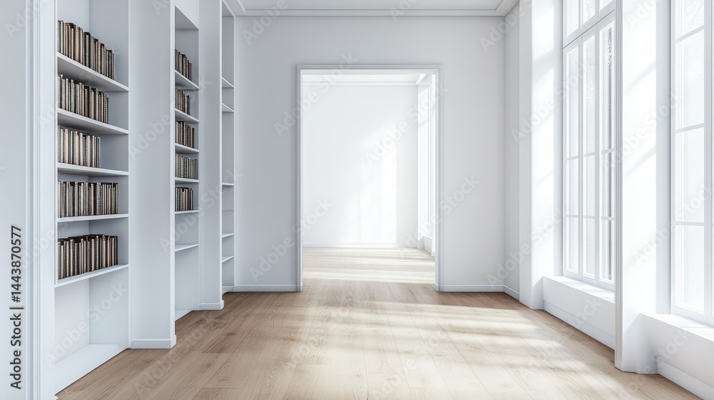 Minimalistic library with built-in shelves along white walls and natural wood floor Minimalistic library with built-in shelves along white walls and natural wood floor