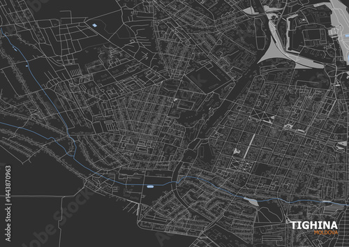 Zoomed vector map of Tighina (Bender), Moldova, showcasing highways, buildings, and waterways with a dark theme. Perfect for modern urban planning, infrastructure projects, or digital design use.