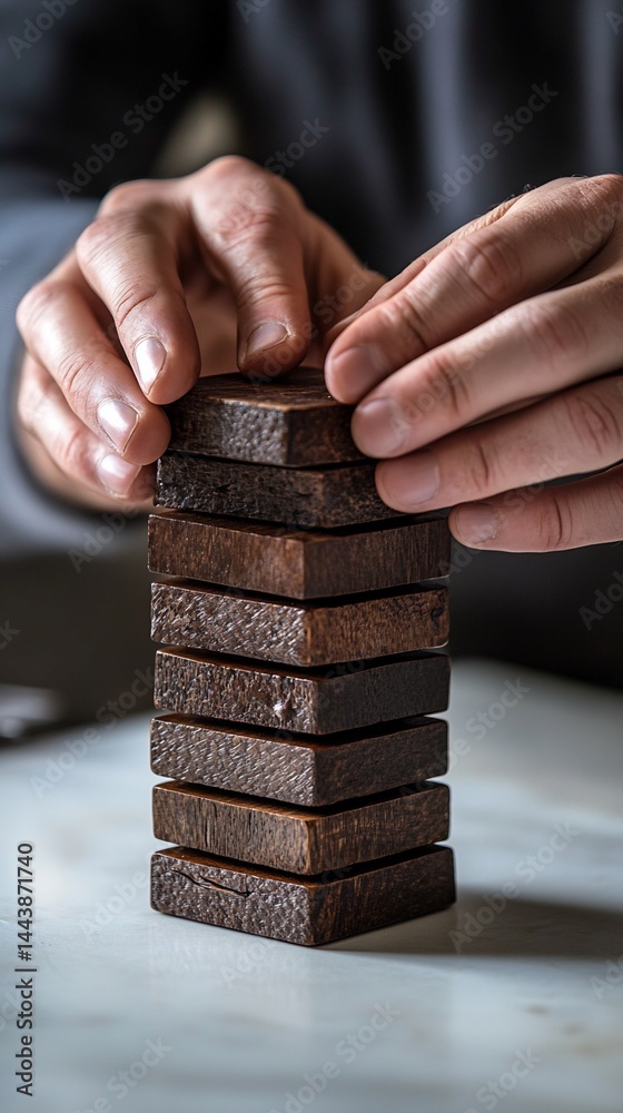 Person Stacking Dark Brown Wooden Blocks