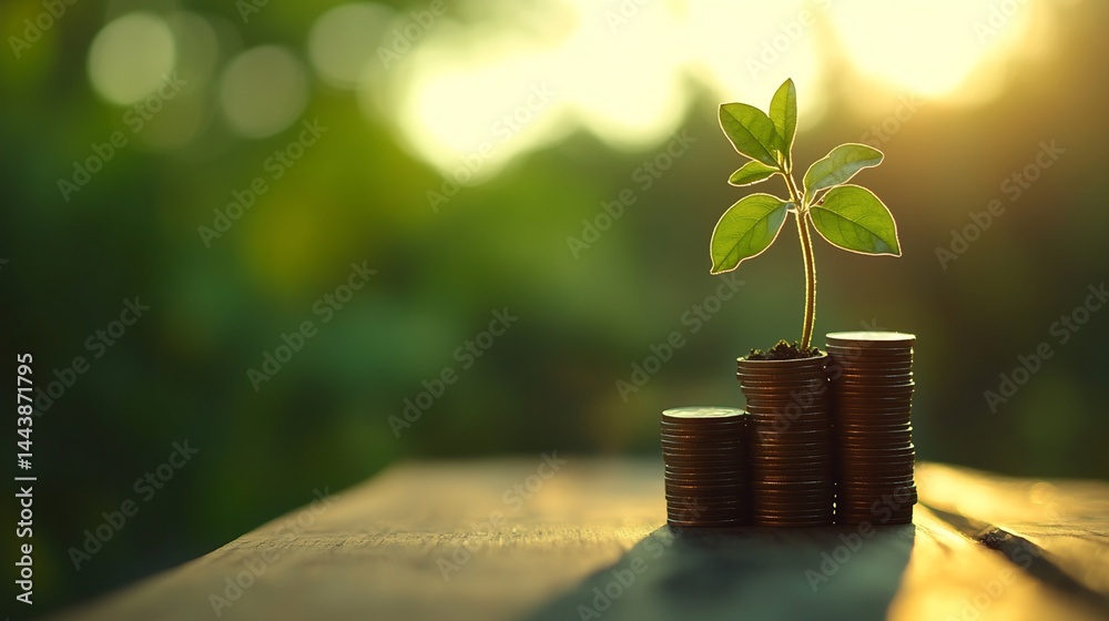 Plant Sprout and Stacks of Coins on Wooden Surface