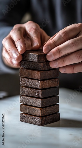 Obraz na płótnie Person Stacking Dark Brown Wooden Blocks w salonie