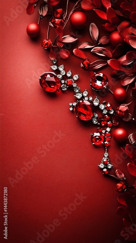 Obraz na płótnie Red Gemstone Jewelry and Decorative Accents on Red Background w salonie