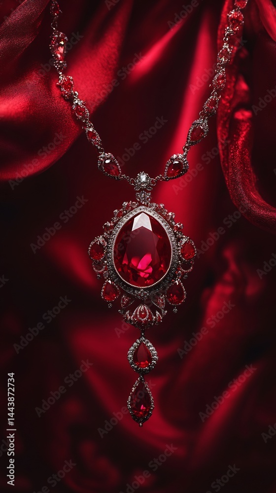 Ruby and Diamond Necklace on Red Satin