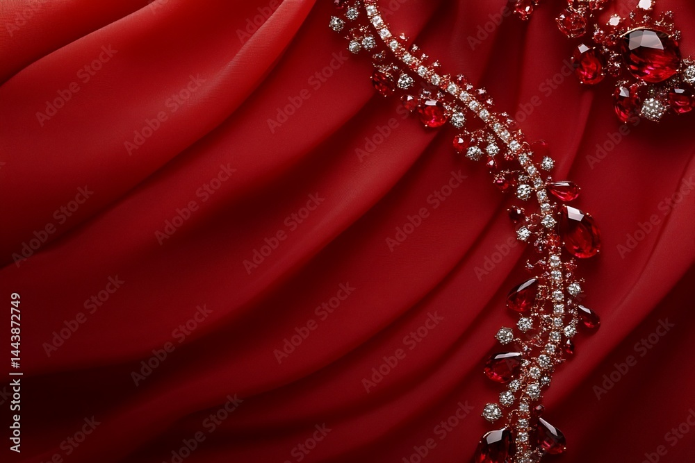 Ruby and Diamond Necklace and Earrings on Red Fabric