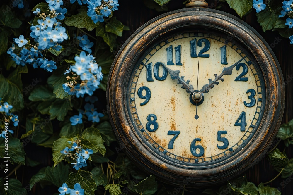 Fototapeta premium Vintage clock surrounded by vibrant blue forget-me-nots and green foliage