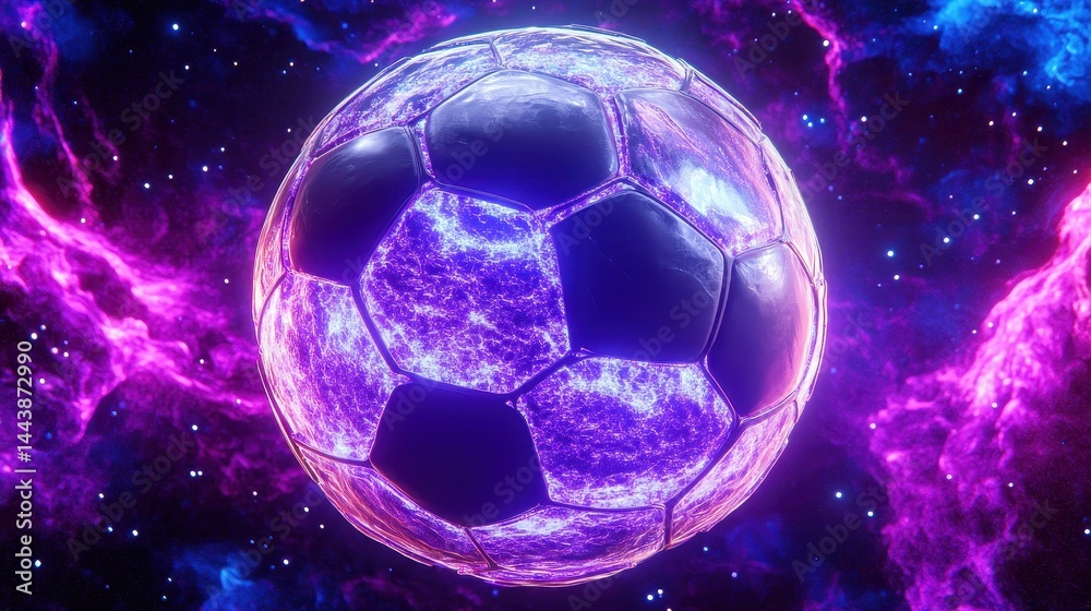 Naklejka premium A vibrant soccer ball glows amidst cosmic nebulae.