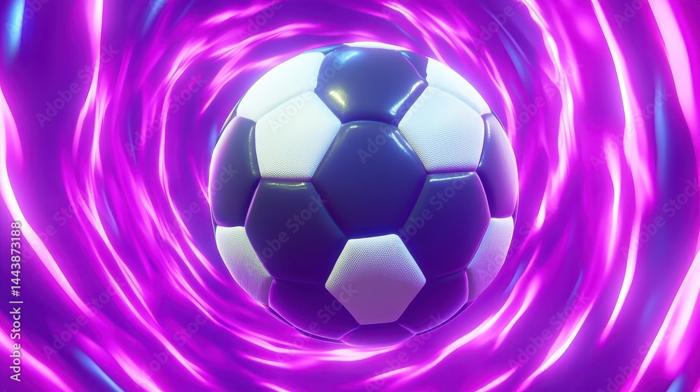 Obraz premium Spinning soccer ball in a vibrant purple vortex.