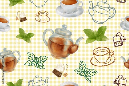 A seamless tea time pattern with teapots, teacups, tea leaves, and tea bags on a yellow simple gingham background, elegant and cozy for any tea lover, fabric and paper print.