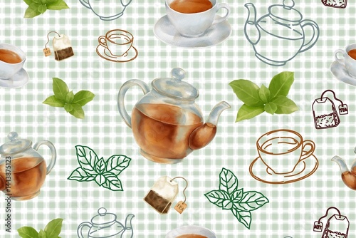 A seamless tea time pattern with teapots, teacups, tea leaves, and tea bags on a green simple gingham background, elegant and cozy for any tea lover, fabric and paper print.