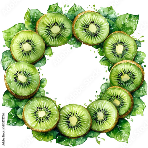 Kiwi Slices Arranged In A Circle, vector watercolor illustration, isolated on a white background.