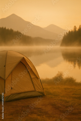 Camping Tent in Morning Mist with Mountains and Soft Light Atmosphere