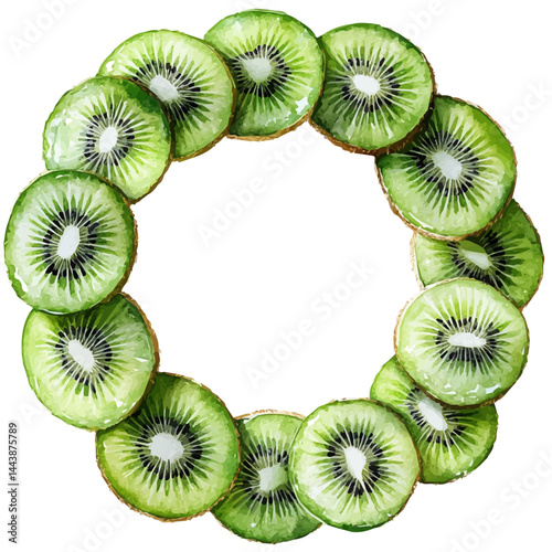Kiwi Slices Arranged In A Circle, vector watercolor illustration, isolated on a white background.