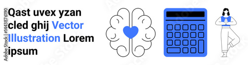 Brain with heart symbolizing emotional intelligence, a calculator for logical thinking, and a woman meditating for mindfulness. Ideal for education, balance, mental health, self-care, innovation