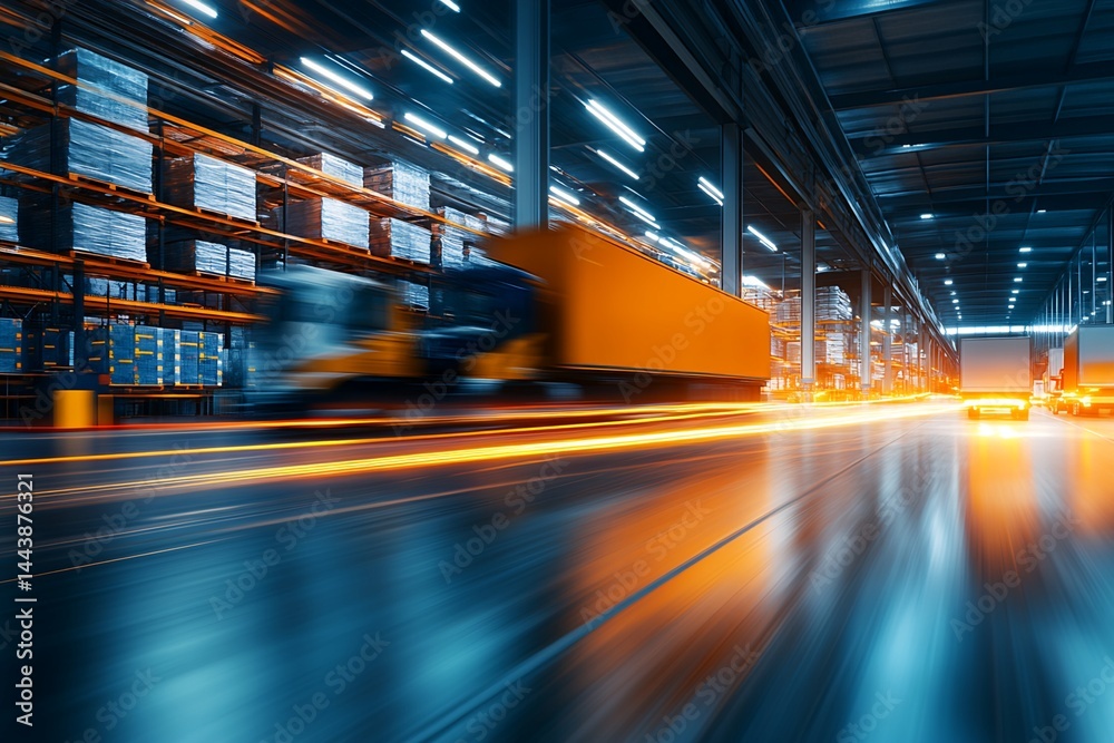 Warehouse Interior with Motion Blur of Trucks and Forklift