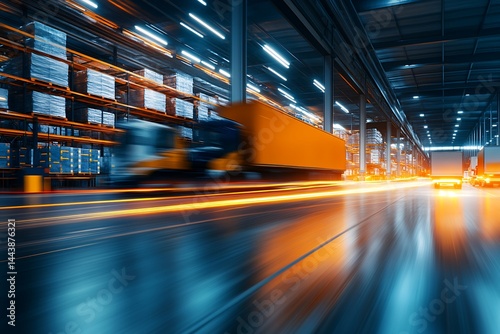 Obraz na płótnie Warehouse Interior with Motion Blur of Trucks and Forklift w salonie