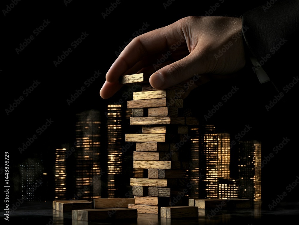 Wooden Block Tower Construction with Cityscape Background