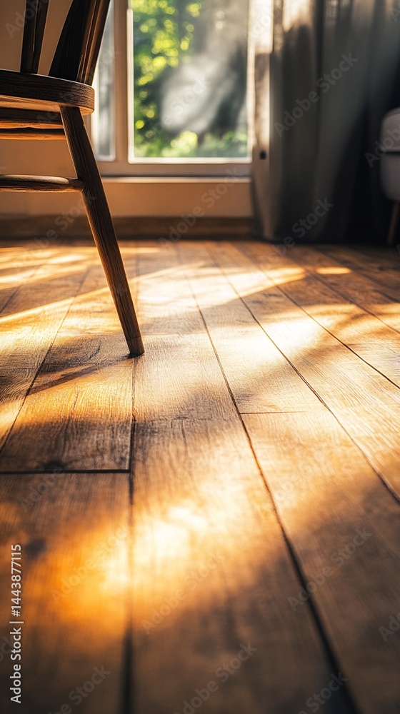 Wooden Chair Leg and Sunlit Hardwood Floor