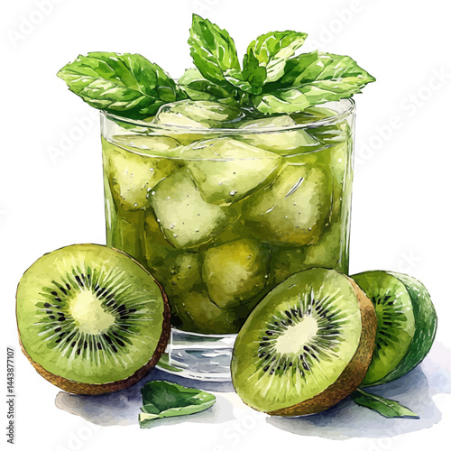 Kiwi Juice With Green Mint Garnish, vector watercolor illustration, isolated on a white background.