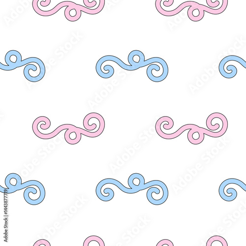 Seamless pattern featuring pink and blue swirls on a white background. Perfect for kids, nursery, wallpaper, wrapping paper, gift box and soft soothing abstract doodle prints on things for babies.