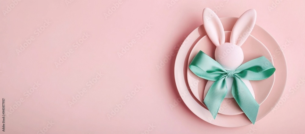 Fototapeta premium Crocheted Bunny Rabbit on Blush Plates Easter Table Setting