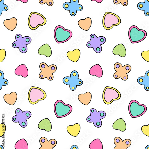 Beautiful vibrant seamless pattern of pastel multicolored hearts and butterflies on a white background. Perfect for spring or summer designs, women accessories and clothing, or baby items.