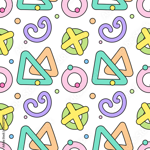 Vibrant abstract seamless pattern of colorful naive doodle style triangles, rings, crosses, swirls, and confetti on a white background. Perfect for nursery, fun prints on things and clothes for baby.