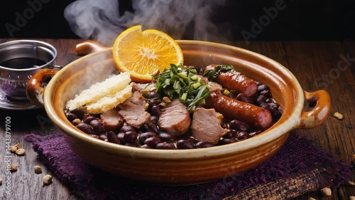 Delicious beef and lamb meat dishes, featuring hearty stews with vegetables and flavorful chops, present a gourmet dinner cuisine. Feijoada.
