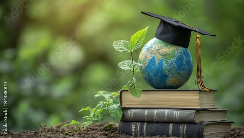 Globe with Graduation Cap on Stack of Books and Sprout