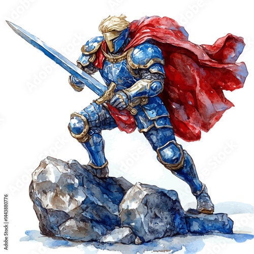 King Arthur Pulling Excalibur From The Stone, watercolor vector, isolated on a white background.