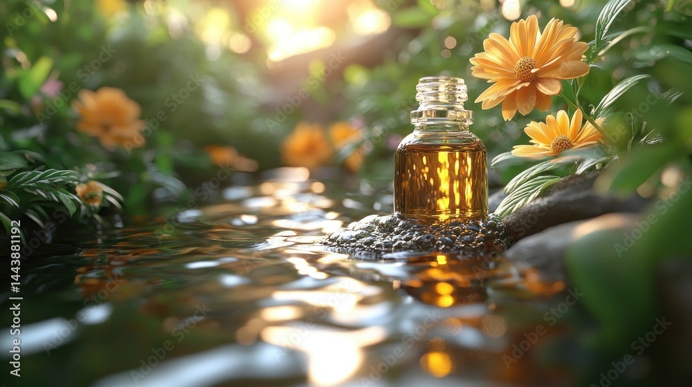 Natural essence bottle by a stream