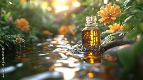 Obraz na płótnie Natural essence bottle by a stream w salonie